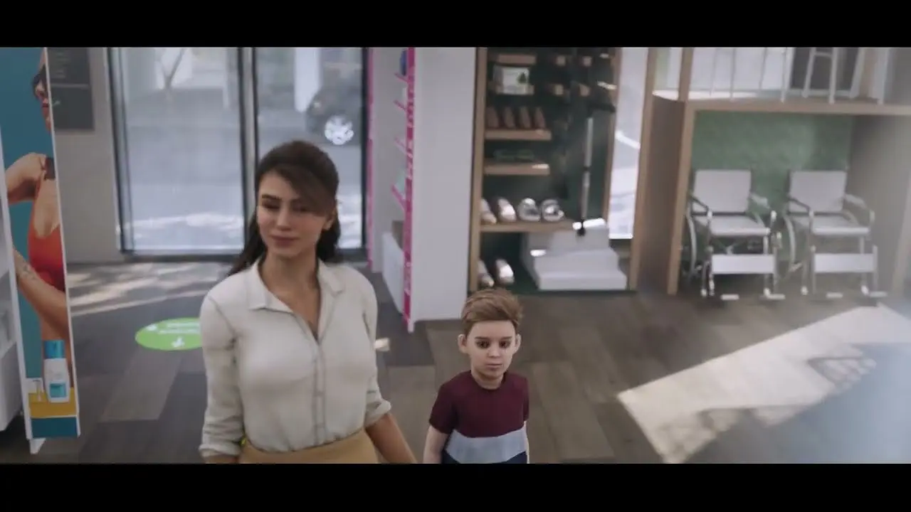 Intérieur de pharmacie modélisé en 3D avec une femme et un enfant, image du court-métrage Le Pharmacien.